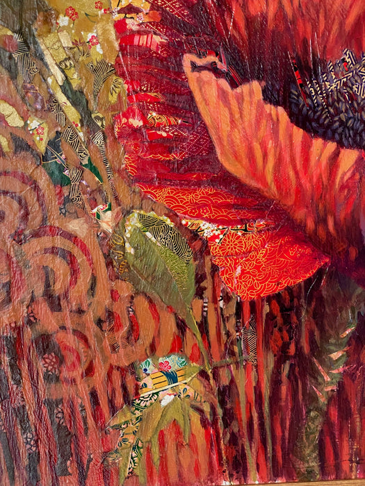 Wet with the soft rain kisses of the night, I am enfolded in your vermilion robe