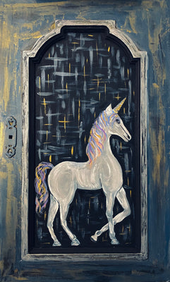 The Unicorn on a repurposed wood panel