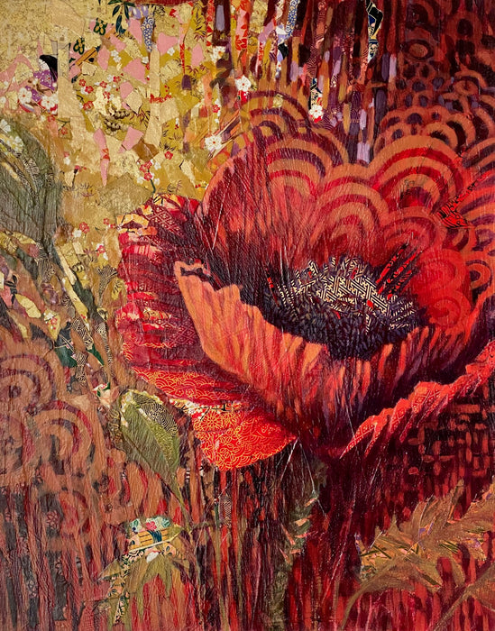 Wet with the soft rain kisses of the night, I am enfolded in your vermilion robe