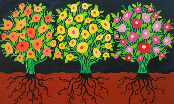 Three Flowers with Roots