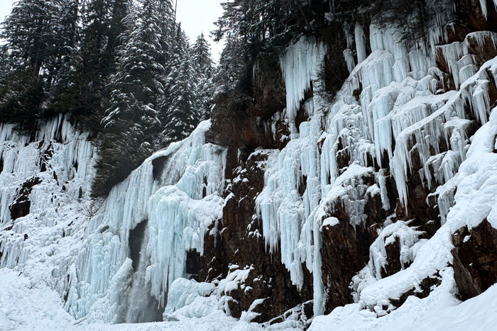 Frozen Waterfall Cliffs in Winter Forest
