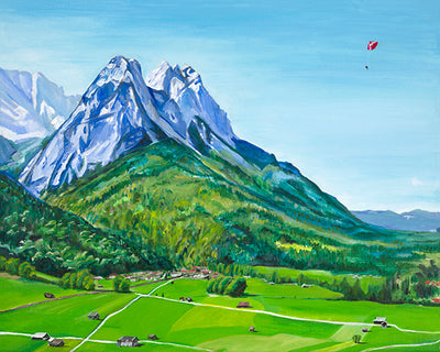 Original Artwork Paragliding Over Zugspitze Garmisch Partenkirchen Germany