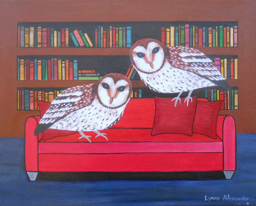 Owls in the Library Red Couch lo def16x20-1762190325634.JPG