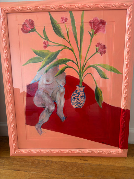 Woman on couch with flowers