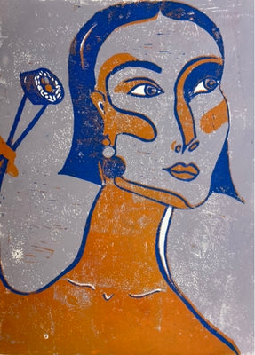 Girl eating Sushi Orange and Blue