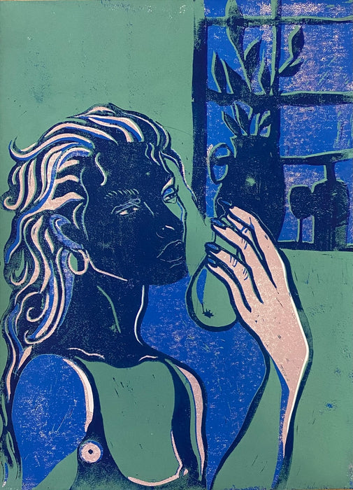 Girl with a pear (blue)